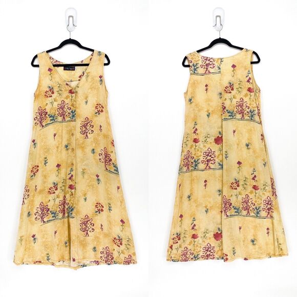 VTG JAMS WORLD Women S Dress Yellow Floral V Neck Midi Tank Button Hawaiian - Picture 1 of 7
